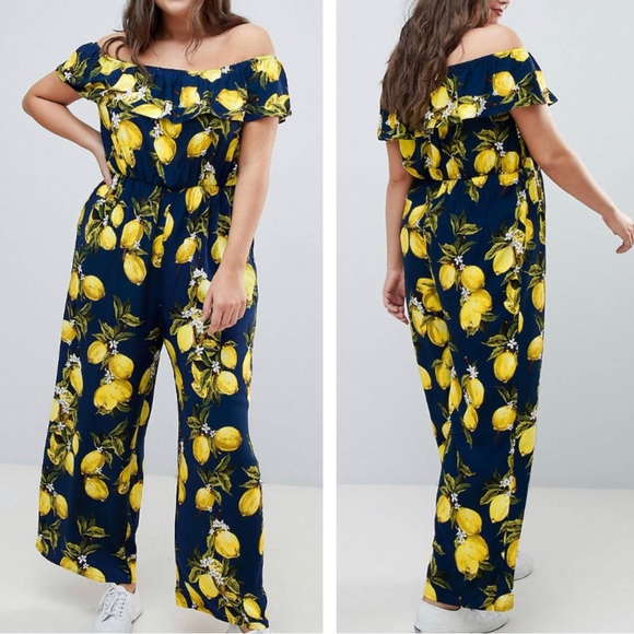 NWT ASOS Glamorous Curve Ruffled Jumpsuit in Navy Lemon Print